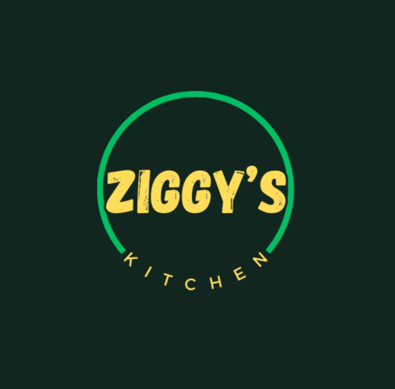 Ziggy's Kitchen logo — yellow ZIGGY'S KITCHEN lettering with a green circle on a dark green background